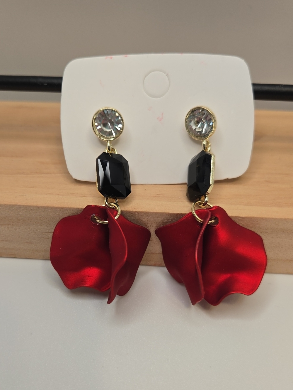 Red Petal Drop Earrings with Black Gem Accents COSTUME JEWELRY